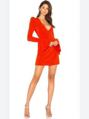 Free People Hot Mini Dress in Red Orange w/ Bell Sleeves & Plunge V-Neck XS
